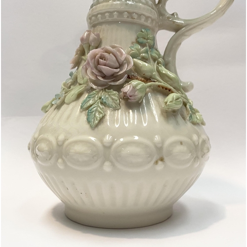 124 - A LARGE BELLEEK PORCELAIN ABERDEEN ROSE EWER, of baluster form with excellent applied roses with ban... 