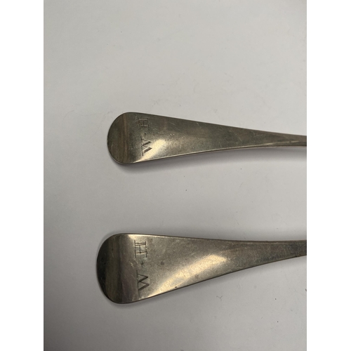 129 - A PAIR OF GEORGE III SILVER TABLESPOONS, Maker Samuel Godbehere, Edward Wigan & James Boult, London ... 