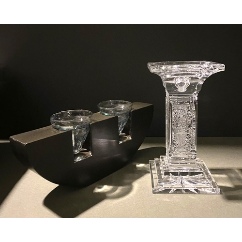 132 - AN ORIGINAL BOHEMIAN LEAD CRYSTAL CANDLESTICK, in the classic Paris cut, along with a vintage hardwo... 