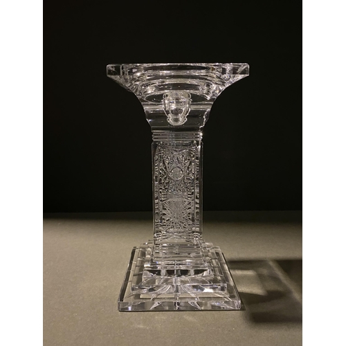 132 - AN ORIGINAL BOHEMIAN LEAD CRYSTAL CANDLESTICK, in the classic Paris cut, along with a vintage hardwo... 