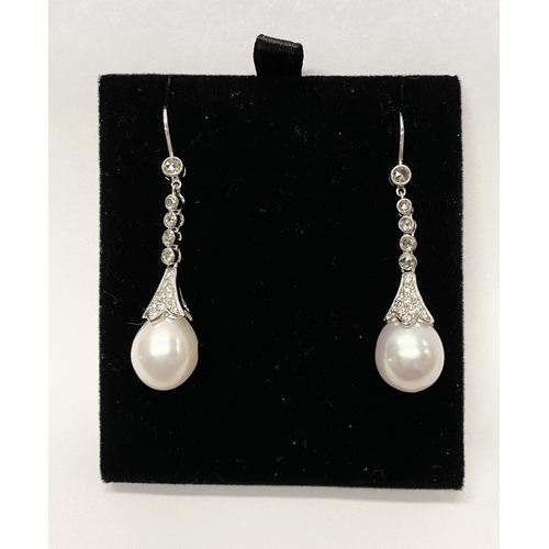 137 - A BEAUTIFUL PAIR OF 18CT WHITE GOLD SOUTH SEA PEARL AND DIAMOND DROP EARRINGS, with five round cut d... 