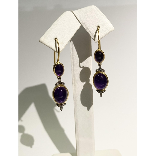 138 - A PRETTY PAIR OF 9CT YELLOW GOLD AMETHYST AND DIAMOND DROP EARRINGS, with two oval bezel set amethys... 