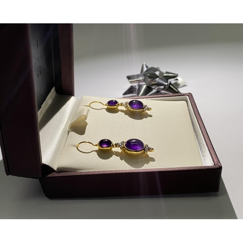 138 - A PRETTY PAIR OF 9CT YELLOW GOLD AMETHYST AND DIAMOND DROP EARRINGS, with two oval bezel set amethys... 