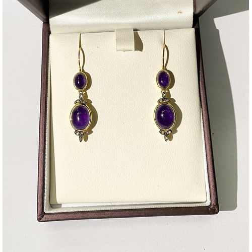 138 - A PRETTY PAIR OF 9CT YELLOW GOLD AMETHYST AND DIAMOND DROP EARRINGS, with two oval bezel set amethys... 