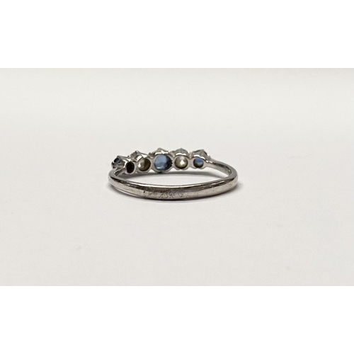 140 - A DAINTY 18CT WHITE GOLD FIVE STONE SAPPHIRE AND DIAMOND RING, with three vibrant round cut sapphire... 