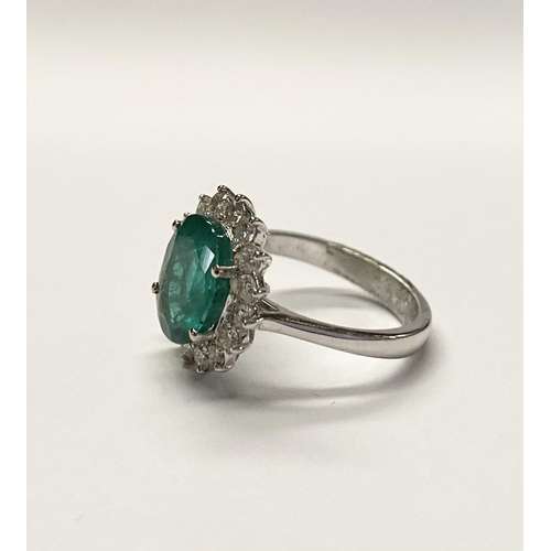 142 - A FANTASTIC 18CT WHITE GOLD EMERALD AND DIAMOND CLUSTER RING, with central vibrant oval cut emerald ... 