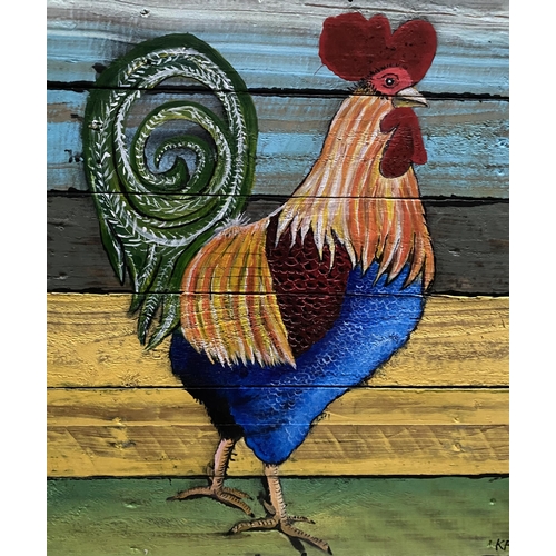 145 - KEN PARKER (Irish, 20th/21st Century), ‘ROOSTER’, oil on wood panels, signed lower right, dimensions... 