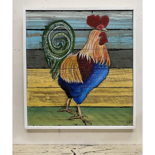 145 - KEN PARKER (Irish, 20th/21st Century), ‘ROOSTER’, oil on wood panels, signed lower right, dimensions... 