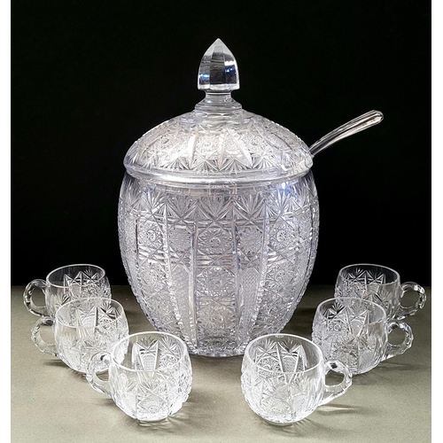 15 - A FANTASTIC CZECHOSLOVIAN VINTAGE CUT GLASS LIDDED PUNCH BOWL & CUP SET, complete with glass punch l... 