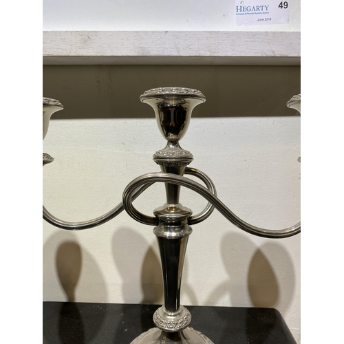 150 - A GOOD PAIR OF VINTAGE SILVER PLATED THREE BRANCH CANDLEABRA, each with two scrolling fluted branche... 