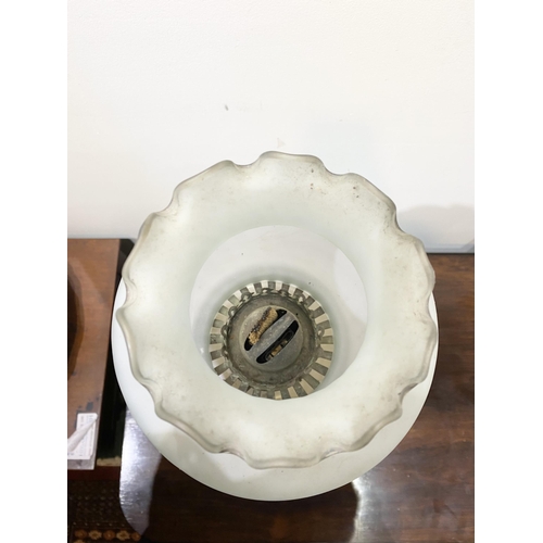 151 - A BEAUTIFUL VICTORIAN OIL LAMP, the opaque white glass shade with ruffled rim, with double burner an... 