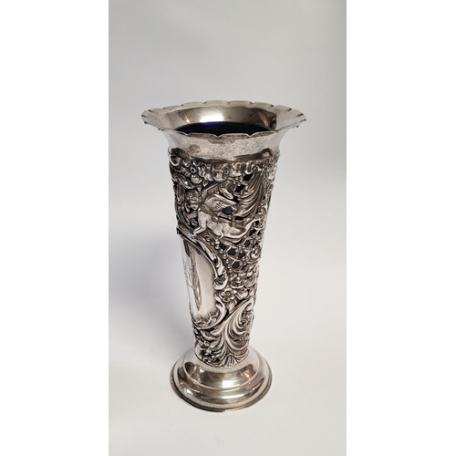 157 - A LATE 19TH CENTURY PAIR OF SILVER BUD VASES, with purple glass liners, each vase decorated all over... 