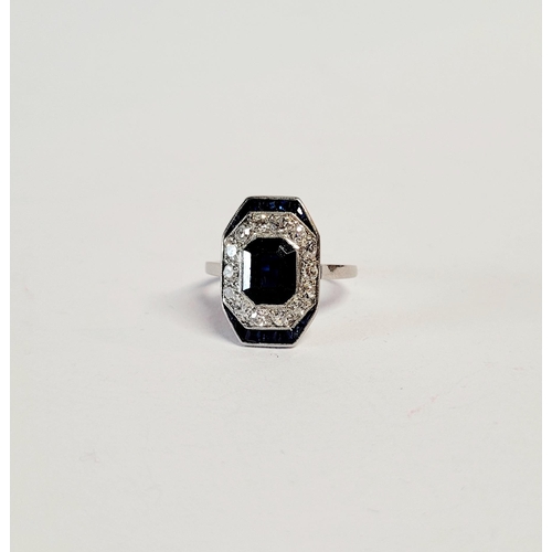 158 - A FRENCH ART DECO SAPPHIRE & DIAMOND CLUSTER RING, with a central dark sapphire surrounded by a fram... 