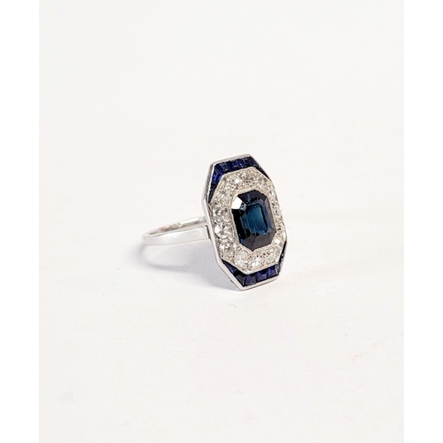 158 - A FRENCH ART DECO SAPPHIRE & DIAMOND CLUSTER RING, with a central dark sapphire surrounded by a fram... 