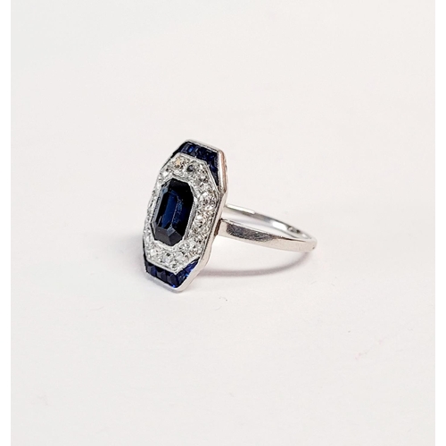 158 - A FRENCH ART DECO SAPPHIRE & DIAMOND CLUSTER RING, with a central dark sapphire surrounded by a fram... 