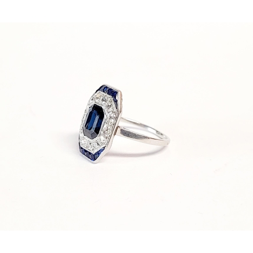 158 - A FRENCH ART DECO SAPPHIRE & DIAMOND CLUSTER RING, with a central dark sapphire surrounded by a fram... 