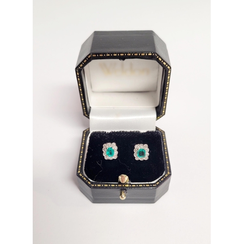 16 - A WONDERFUL PAIR OF 18CT WHITE GOLD CRISP SPARKLING EMERALD & DIAMOND CLUSTER EARRINGS, each earring... 