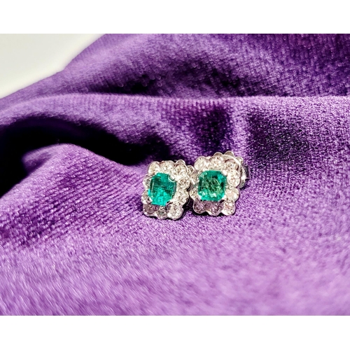 16 - A WONDERFUL PAIR OF 18CT WHITE GOLD CRISP SPARKLING EMERALD & DIAMOND CLUSTER EARRINGS, each earring... 