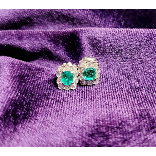 16 - A WONDERFUL PAIR OF 18CT WHITE GOLD CRISP SPARKLING EMERALD & DIAMOND CLUSTER EARRINGS, each earring... 