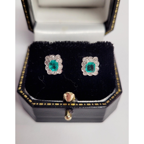 16 - A WONDERFUL PAIR OF 18CT WHITE GOLD CRISP SPARKLING EMERALD & DIAMOND CLUSTER EARRINGS, each earring... 