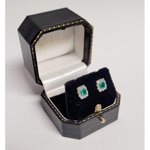 16 - A WONDERFUL PAIR OF 18CT WHITE GOLD CRISP SPARKLING EMERALD & DIAMOND CLUSTER EARRINGS, each earring... 