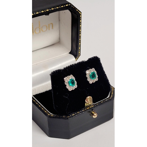 16 - A WONDERFUL PAIR OF 18CT WHITE GOLD CRISP SPARKLING EMERALD & DIAMOND CLUSTER EARRINGS, each earring... 