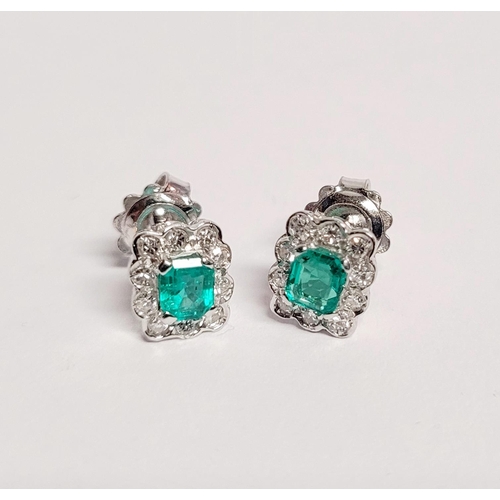 16 - A WONDERFUL PAIR OF 18CT WHITE GOLD CRISP SPARKLING EMERALD & DIAMOND CLUSTER EARRINGS, each earring... 