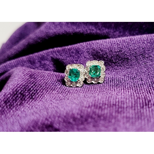 16 - A WONDERFUL PAIR OF 18CT WHITE GOLD CRISP SPARKLING EMERALD & DIAMOND CLUSTER EARRINGS, each earring... 