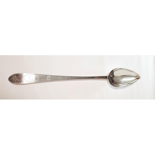 174 - A LARGE IRISH TURN OF 19TH CENTURY SILVER BASTING SPOON, the handle & tip decorated with bright cut ... 