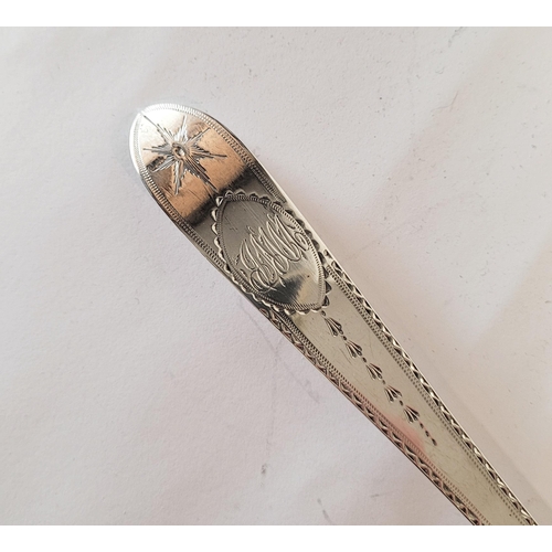 174 - A LARGE IRISH TURN OF 19TH CENTURY SILVER BASTING SPOON, the handle & tip decorated with bright cut ... 