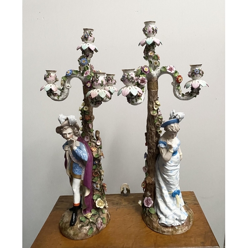 179 - A PAIR OF GERMAN MEISSEN STYLE PORCELAIN CANDLEABRA, by Ernst Bohne & Söhne, early 20th century in t... 