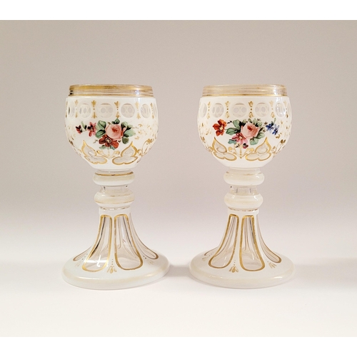 18 - A BEAUTIFUL PAIR OF LATE 19TH / EARLY 20TH CENTURY BOHEMIAN CLEAR GLASS & OPALINE FINISHED GOBLETS, ... 