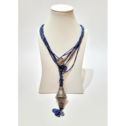 180 - A BEAUTIFUL LAPIS JEWELLERY SET; including a pair of pendant earrings & necklace. Unique design, nic... 