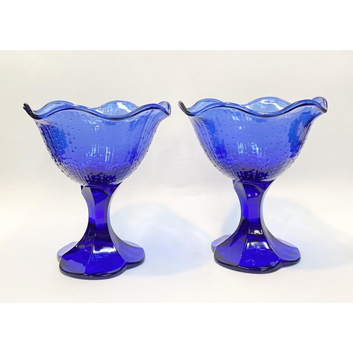 19 - A PAIR OF VINTAGE FRENCH COBALT BLUE GLASS FOOTED DESSERT BOWLS, with shaped rim, textured design to... 