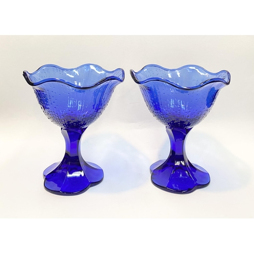 19 - A PAIR OF VINTAGE FRENCH COBALT BLUE GLASS FOOTED DESSERT BOWLS, with shaped rim, textured design to... 