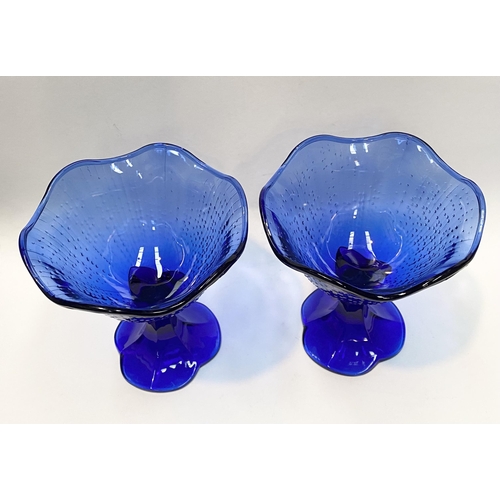 19 - A PAIR OF VINTAGE FRENCH COBALT BLUE GLASS FOOTED DESSERT BOWLS, with shaped rim, textured design to... 