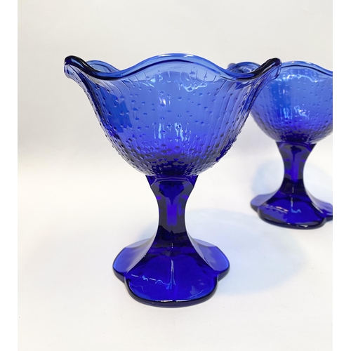 19 - A PAIR OF VINTAGE FRENCH COBALT BLUE GLASS FOOTED DESSERT BOWLS, with shaped rim, textured design to... 