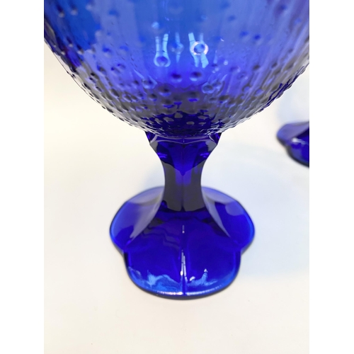 19 - A PAIR OF VINTAGE FRENCH COBALT BLUE GLASS FOOTED DESSERT BOWLS, with shaped rim, textured design to... 