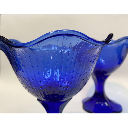 19 - A PAIR OF VINTAGE FRENCH COBALT BLUE GLASS FOOTED DESSERT BOWLS, with shaped rim, textured design to... 