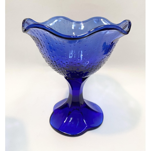 19 - A PAIR OF VINTAGE FRENCH COBALT BLUE GLASS FOOTED DESSERT BOWLS, with shaped rim, textured design to... 