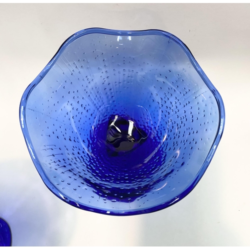 19 - A PAIR OF VINTAGE FRENCH COBALT BLUE GLASS FOOTED DESSERT BOWLS, with shaped rim, textured design to... 