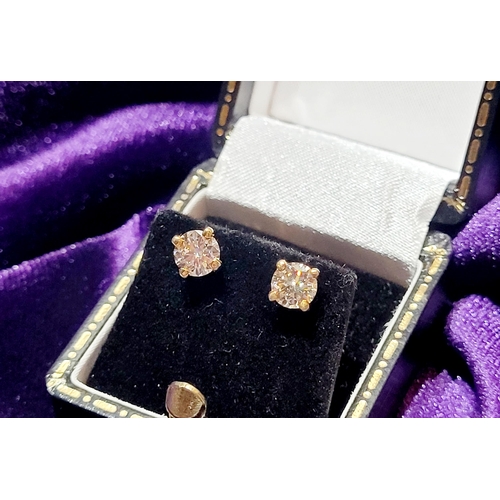 190 - A BEAUTIFUL PAIR OF 14CT YELLOW GOLD DIAMOND STUD EARRINGS, with colour of I-J & K-L, one stud 0.51c... 