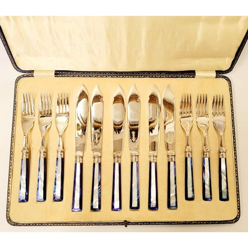 191 - A STUNNING CASED SET OF 6 SILVER PLATED FISH KNIVES & FORKS, with beautiful striking mother of pearl... 