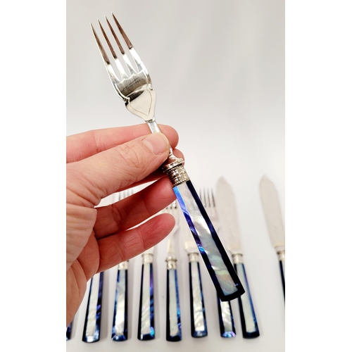 191 - A STUNNING CASED SET OF 6 SILVER PLATED FISH KNIVES & FORKS, with beautiful striking mother of pearl... 