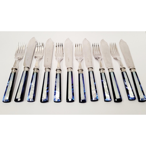 191 - A STUNNING CASED SET OF 6 SILVER PLATED FISH KNIVES & FORKS, with beautiful striking mother of pearl... 