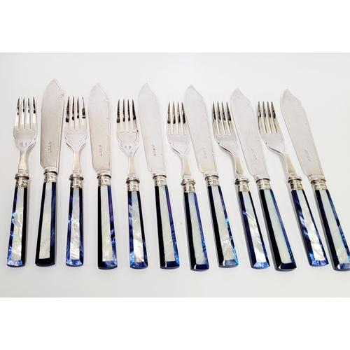 191 - A STUNNING CASED SET OF 6 SILVER PLATED FISH KNIVES & FORKS, with beautiful striking mother of pearl... 