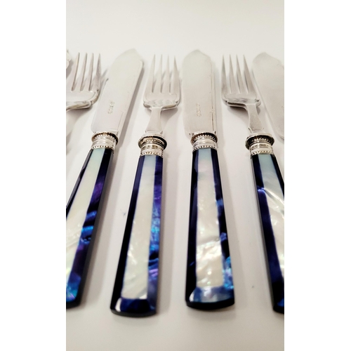 191 - A STUNNING CASED SET OF 6 SILVER PLATED FISH KNIVES & FORKS, with beautiful striking mother of pearl... 