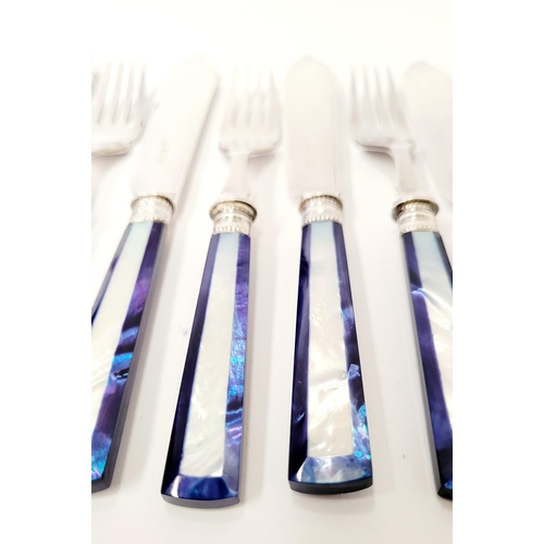 191 - A STUNNING CASED SET OF 6 SILVER PLATED FISH KNIVES & FORKS, with beautiful striking mother of pearl... 