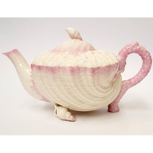 193 - A PINK & WHITE NEPTUNE BELLEEK SECOND BLACK MARK TEA POT, second black mark to the base: 1891-1926. ... 