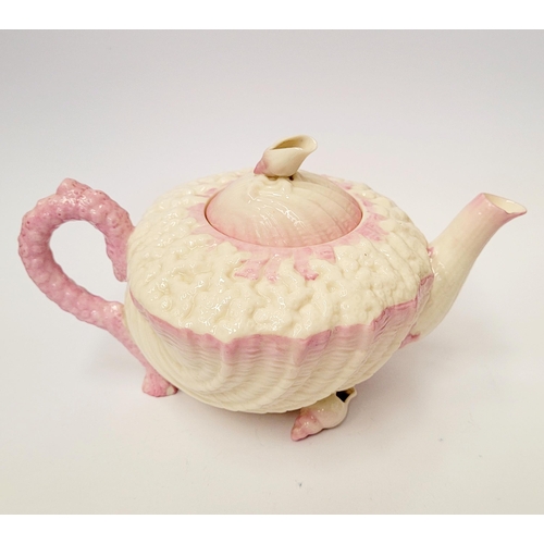 193 - A PINK & WHITE NEPTUNE BELLEEK SECOND BLACK MARK TEA POT, second black mark to the base: 1891-1926. ... 